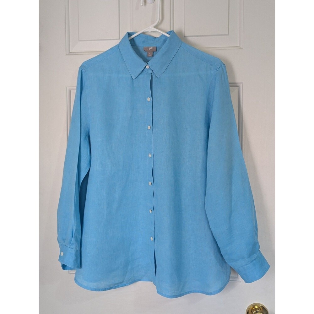 J Jill Linen Button L/S Shirt Womens Medium Aqua Blue Preppy Beach Coastal EUC